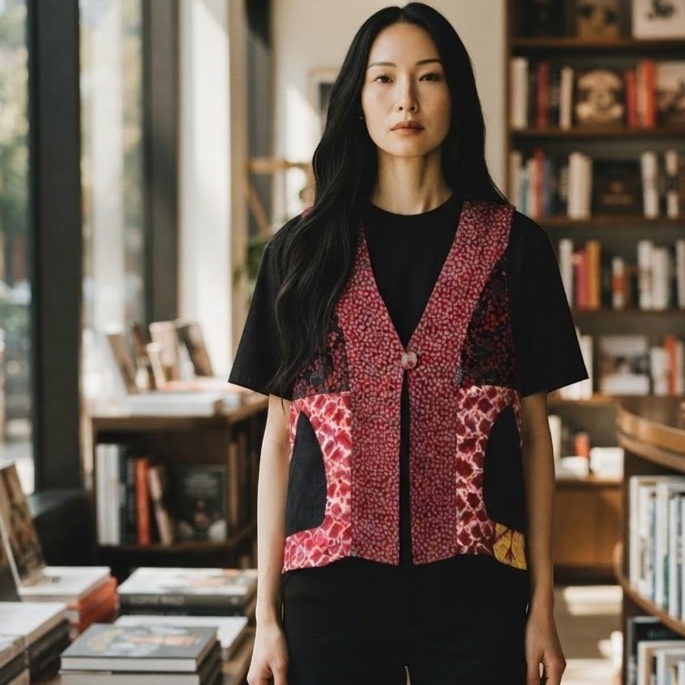 VTG Yasuko Kimono Silk Patchwork Vest Red Black Floral Shibori S/M Made in USA